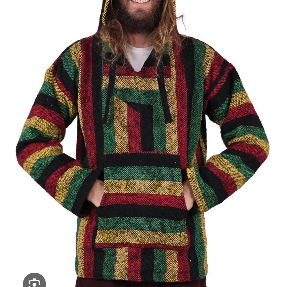 New Sunshine Joy Baja Hoodie Sz L Mexican Drug Rug Rasta Striped Jerga Poncho